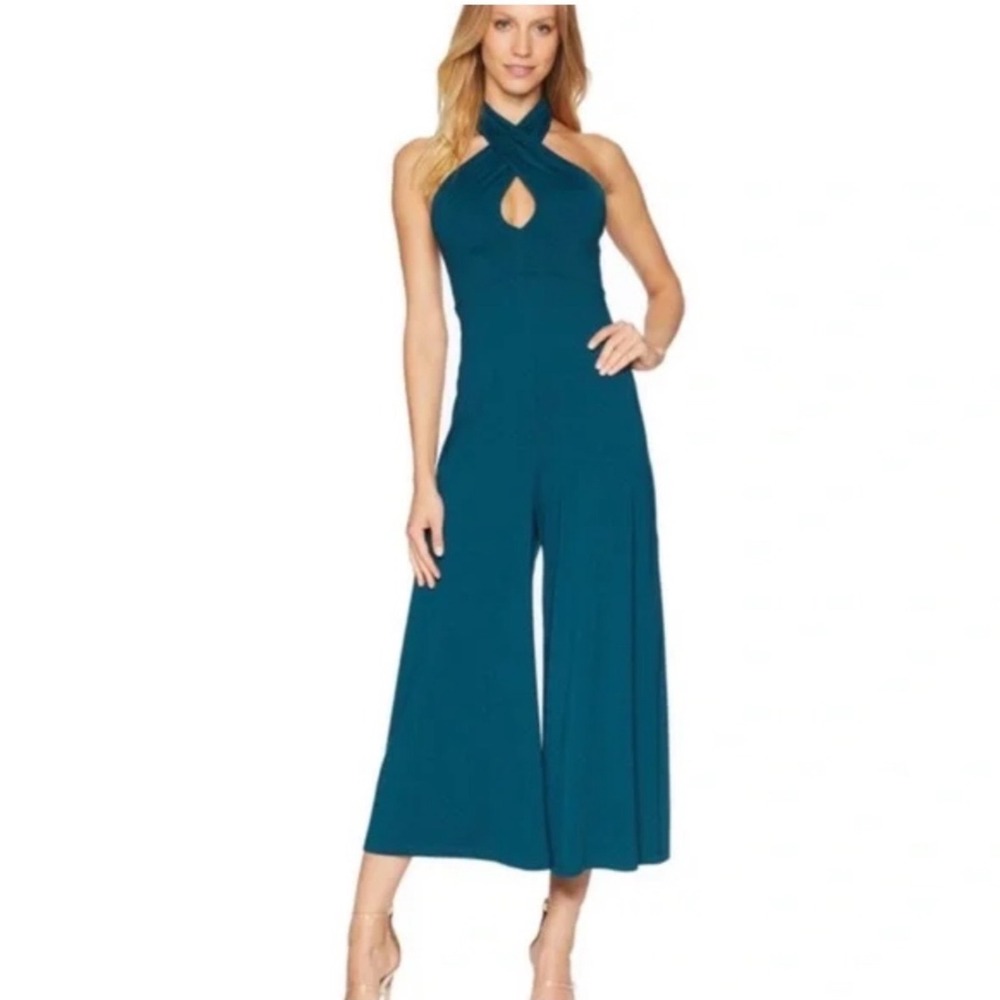 Susana Monaco Womens‎ Teal Green Halter Wide Leg Keyhole Jumpsuit 23343-40 L